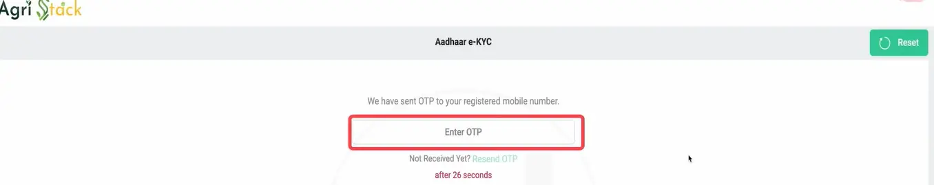 AgriStack Aadhaar e-KYC screen showing OTP input box, resend option with timer, and reset button.