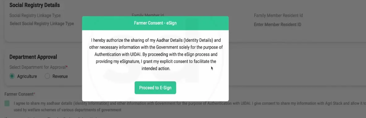 Digital consent form showing "Farmer Consent - eSign" pop-up with text and a "Proceed to E-Sign" button.
