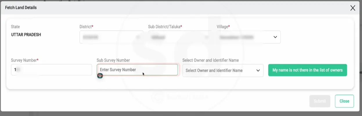 Digital form interface for fetching land details in Uttar Pradesh with input fields and action buttons.