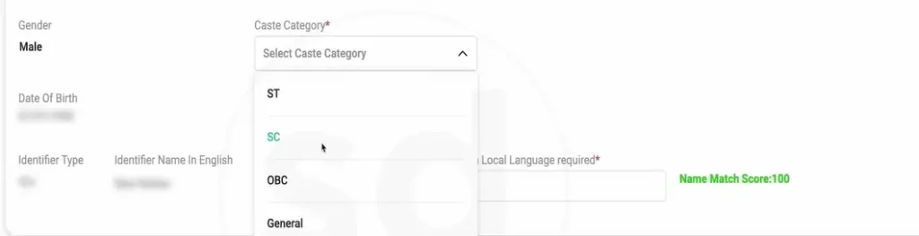Online form showing gender, date of birth, caste category selection, identifier fields, and name match score.