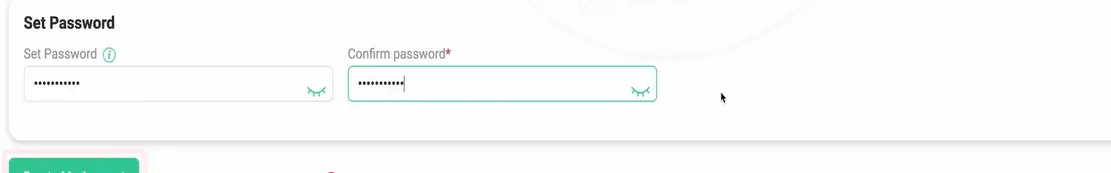 User interface showing set and confirm password fields with obscured input and eye icons.